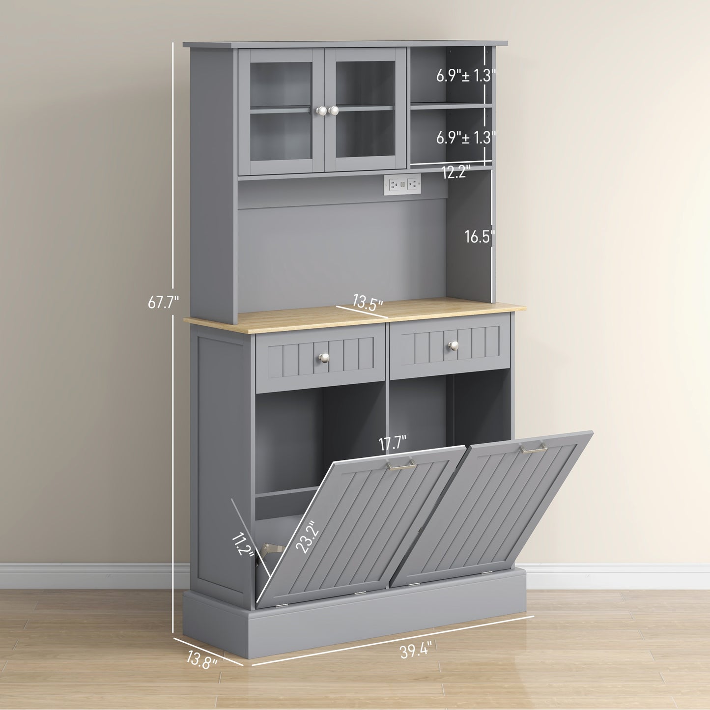 Gray Kitchen Pantry Cabinet with Charging Station & Tilt-Out