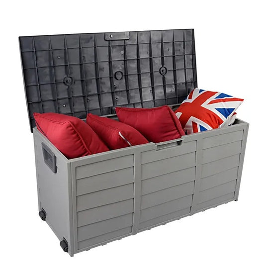 75 Gallon Deck Box with Wheels - 260L Large Outdoor Storage Box Gray Resin Garden Chest Lockable for Patio Cushions Tools Toys