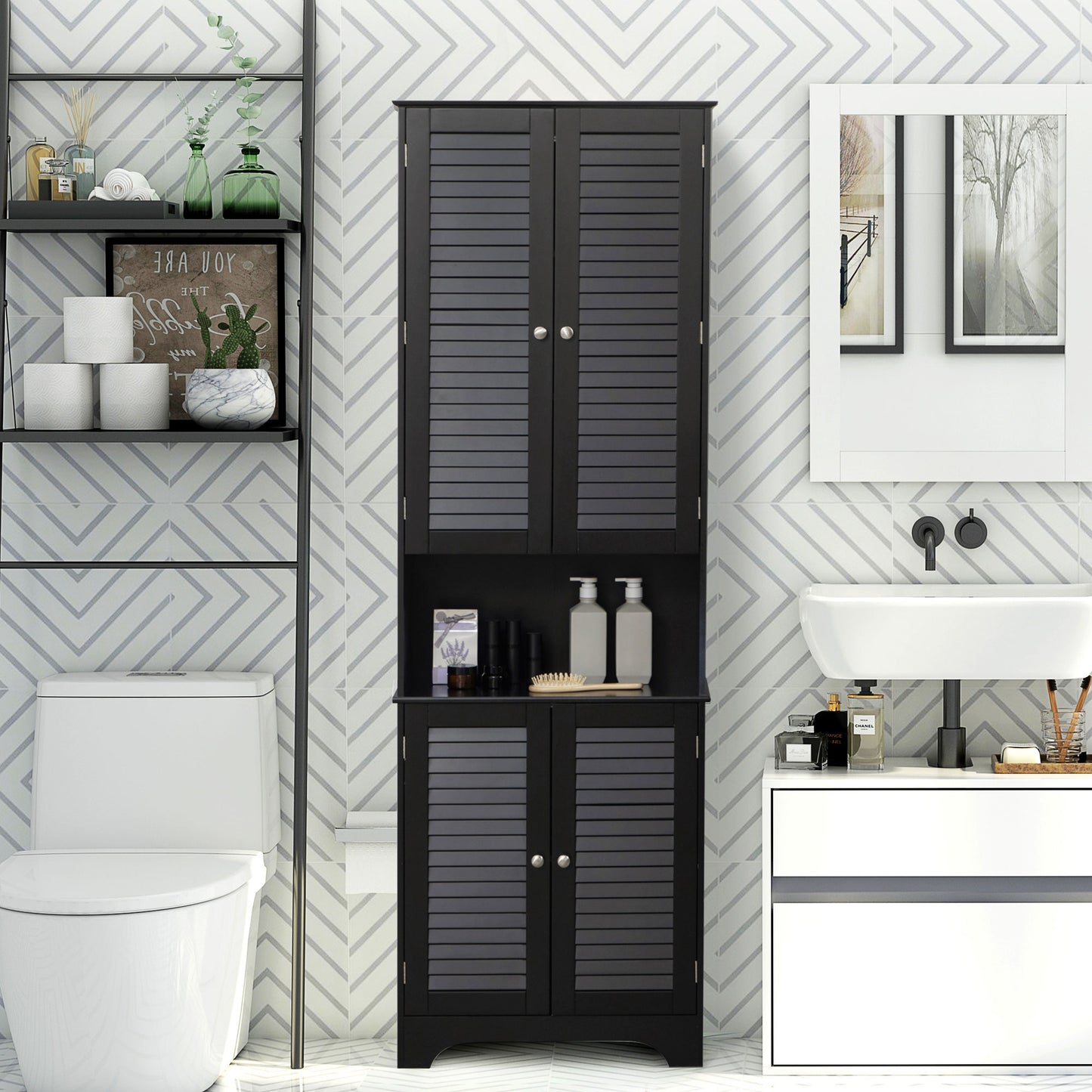 Tall Narrow Black Bathroom Linen Cabinet w/ Adjustable Shelves
