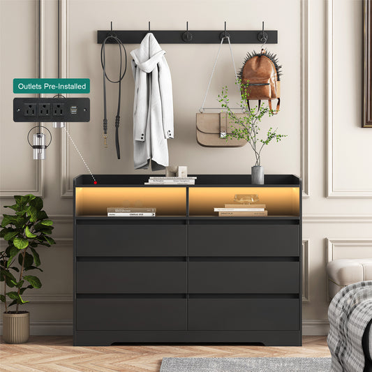 Modern Black Sideboard Cabinet with 6 Drawers & LED Storage Shelf