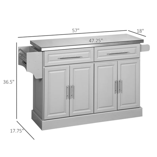 Rolling Kitchen Island Cart with Stainless Steel Top, Adjustable Shelves, 2 Drawers, Spice, Knife and Towel Rack, Gray