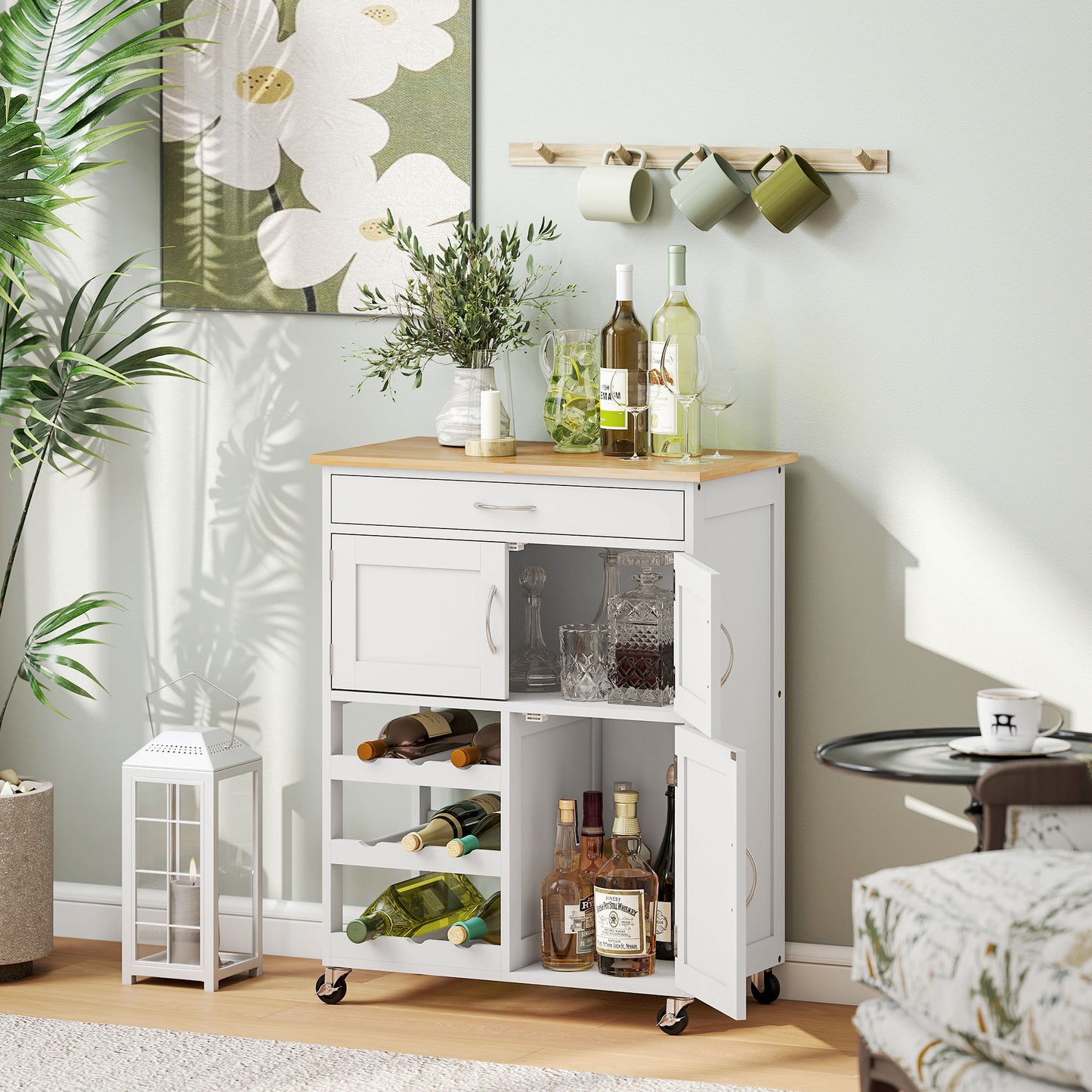 White Rolling Kitchen Cart Island w/ Wine Rack & Drawer