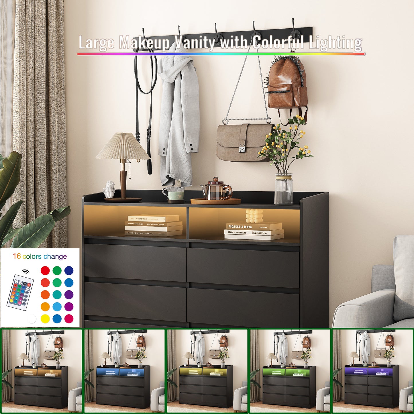 Modern Black Sideboard Cabinet with 6 Drawers & LED Storage Shelf