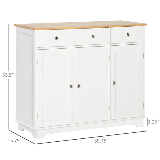 White Sideboard Buffet Cabinet w/ Rubberwood Top & Drawers