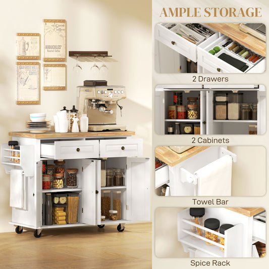 Kitchen Island Cart with Rubber Wood Top, Rolling Kitchen Island Table on Wheels with Drawers, Adjustable Shelves, Spice Rack and Towel Rack for Dining Room, White