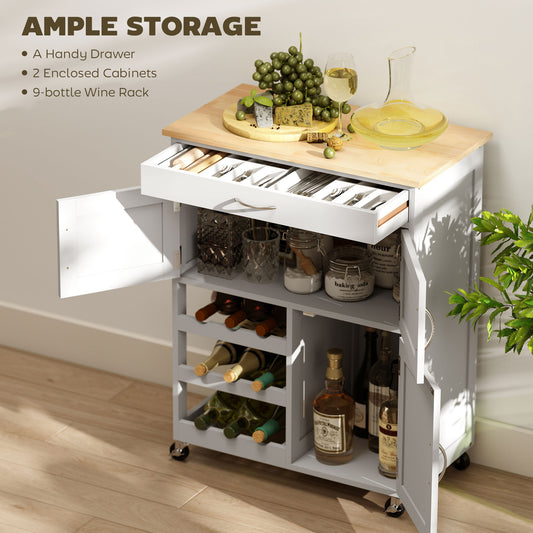 White Rolling Kitchen Cart Island w/ Wine Rack & Drawer