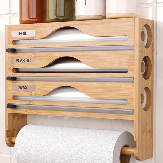 Bamboo Cling Film Cutter With A Tissue Holder, A Wall-Mounted Foil Cutter For The Kitchen, A Three-Compartment Cutter, And A Paper Storage Rack.