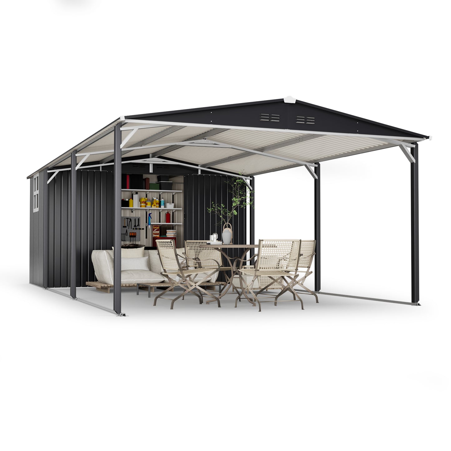 12x23 FT Metal Carport Storage Shed - Heavy Duty Steel Garage with Sliding Door, UV Panel, Waterproof Sloped Roof & Reinforced Structure for Car, Boat, Tractor, Gray