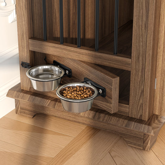 44.48 Large Dog Crate Furniture, Indoor Wooden Dog Kennel End Table With 2 Storage Drawers And Rotating Bowls, Decorative Pet Cage Dog House For Medium Dogs,Brown