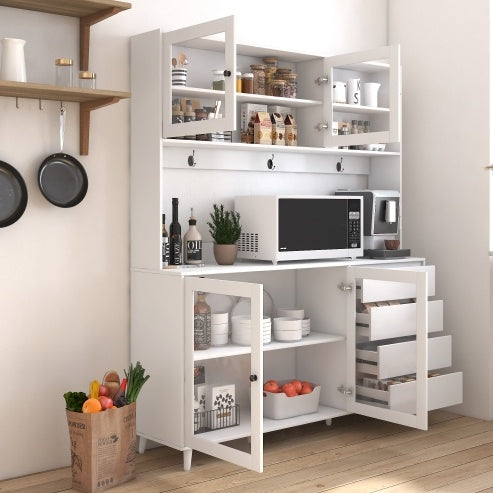 63" White Kitchen Hutch Cabinet Pantry w/ Microwave Shelf