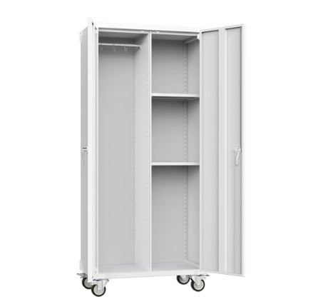 72" Mobile Metal Storage Cabinet with Locking Doors & Adjustable Shelves – Heavy-Duty Steel Garage & Office Cabinet with Casters (Black/White)