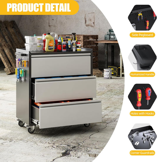 Rolling Tool Chest 3-Drawer Garage Cabinet Black-Grey