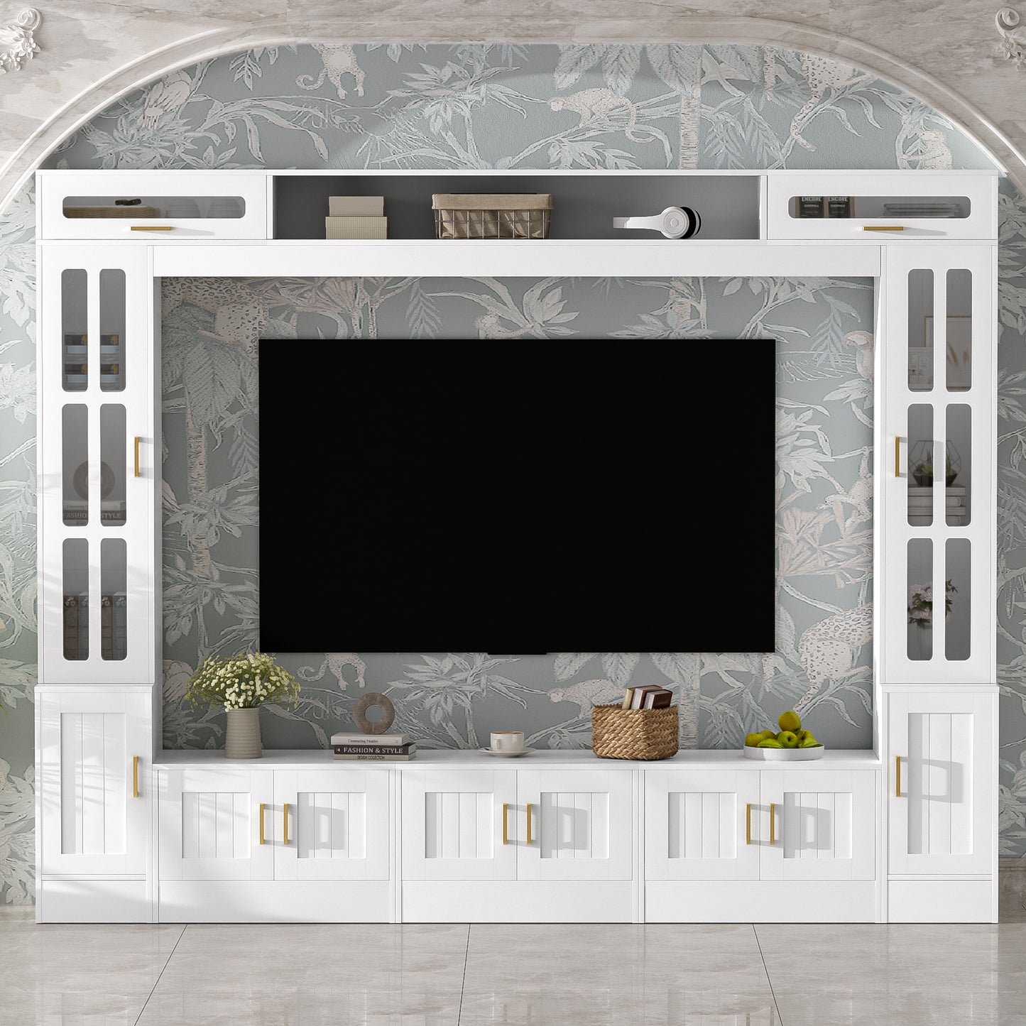 98" White Entertainment Center TV Wall Unit w/ Bookshelves
