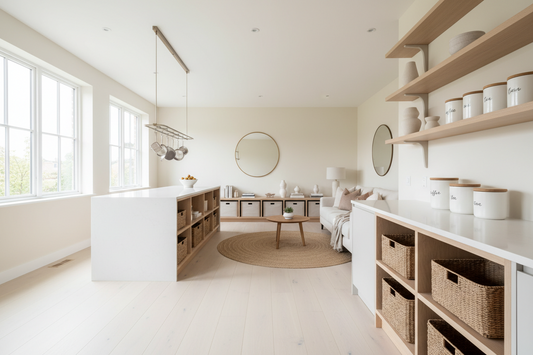 A room that is well organized with storage solutions.