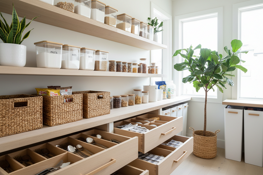 Home organization with baskets and drawers.