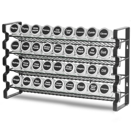Wall-Mounted Spice Rack Organizer with Labeled Jars – Multi-Tier Metal Storage