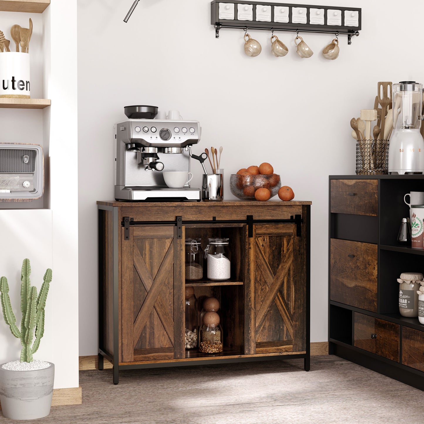 Rustic Brown Sliding Barn Door Buffet Cabinet Sideboard