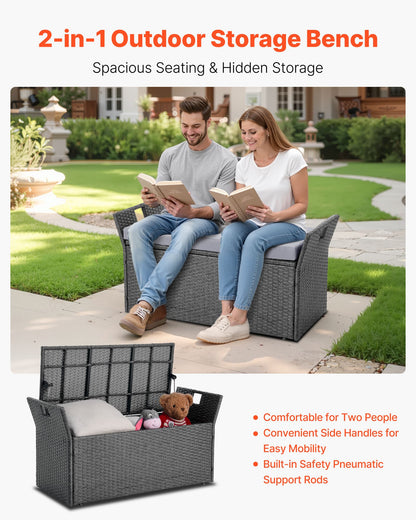 Outdoor Storage Bench with Cushion - 40 Gallon Gray PE Rattan Deck Box Patio Seat Waterproof for Cushions Pool Supplies Garden Tools