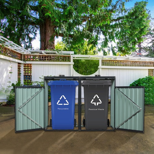 Metal Garbage Bin Shed for 2 Trash Cans - Charcoal Galvanized Steel Outdoor Trash Can Enclosure Storage Shed for Garden Yard Lawn