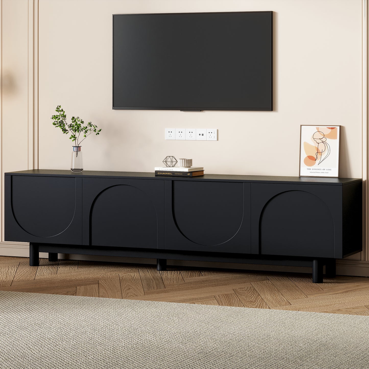 71" Black TV Stand Modern Entertainment Center w/ Arch Doors