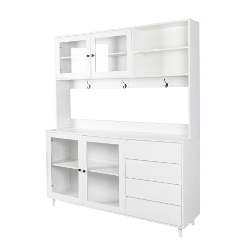 63" White Kitchen Hutch Cabinet Pantry w/ Microwave Shelf