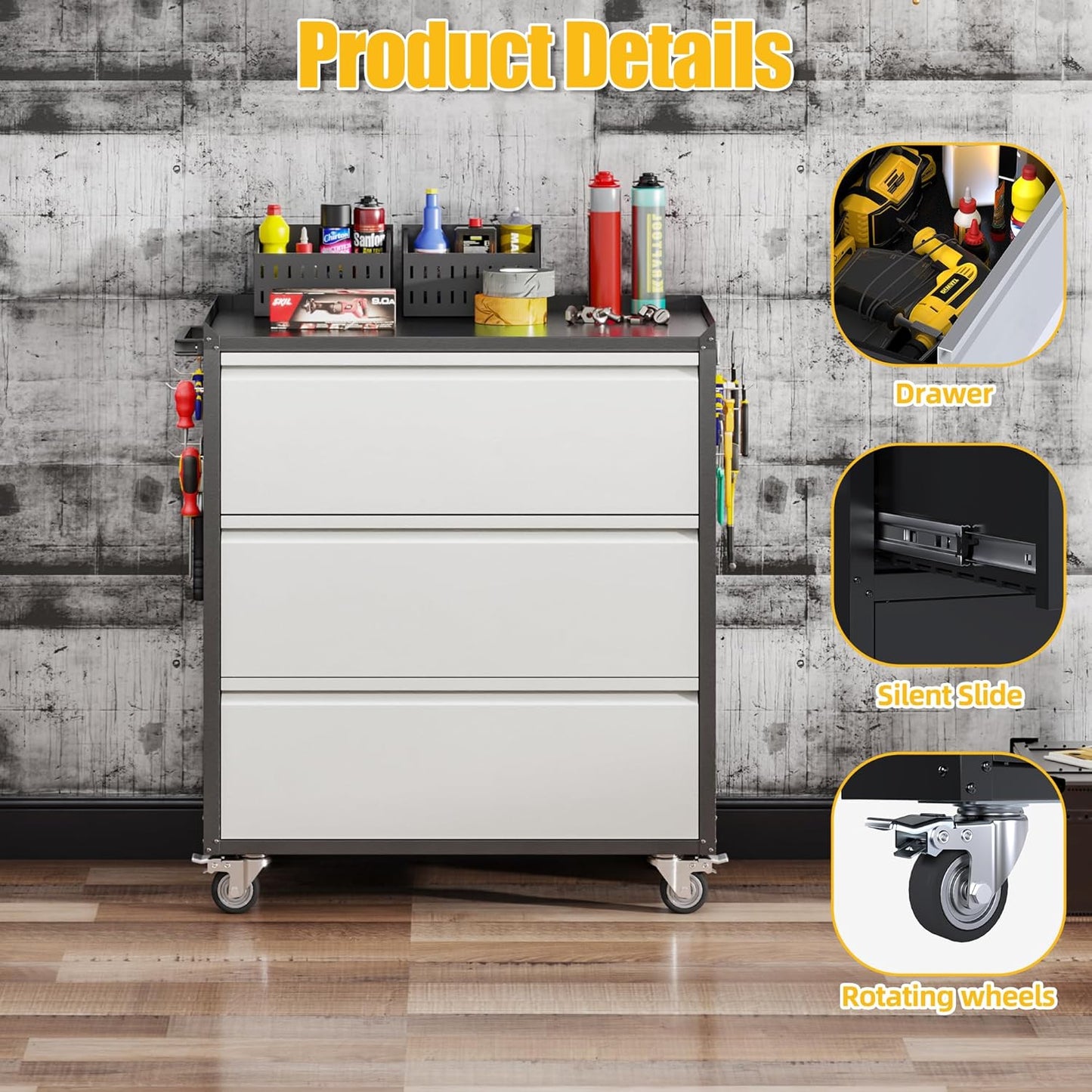 Rolling Tool Chest 3-Drawer Garage Cabinet Black-Grey