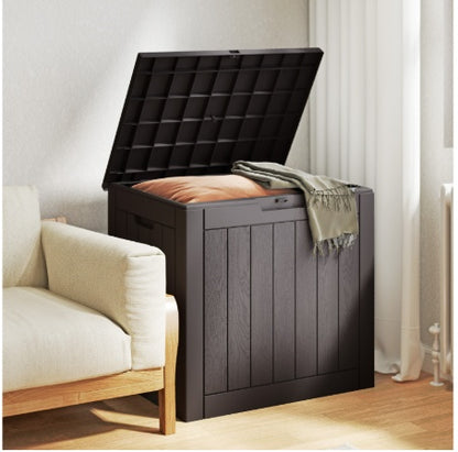 31 Gallon Deck Box - Small Lockable Resin Outdoor Storage Box Waterproof for Patio Cushions, Garden Tools & Package Delivery, Brown/Black