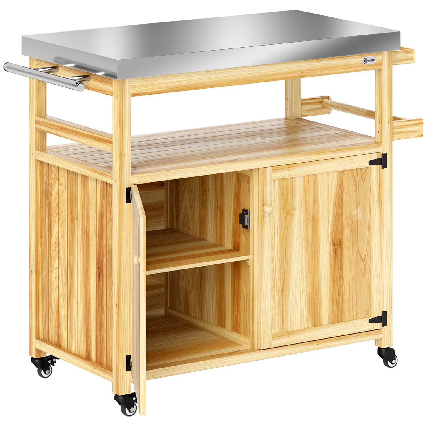 Outdoor Grill Cart Stainless Steel Top Wood Kitchen Island