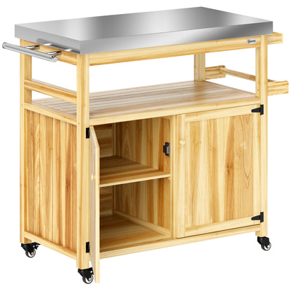 Outdoor Grill Cart Stainless Steel Top Wood Kitchen Island