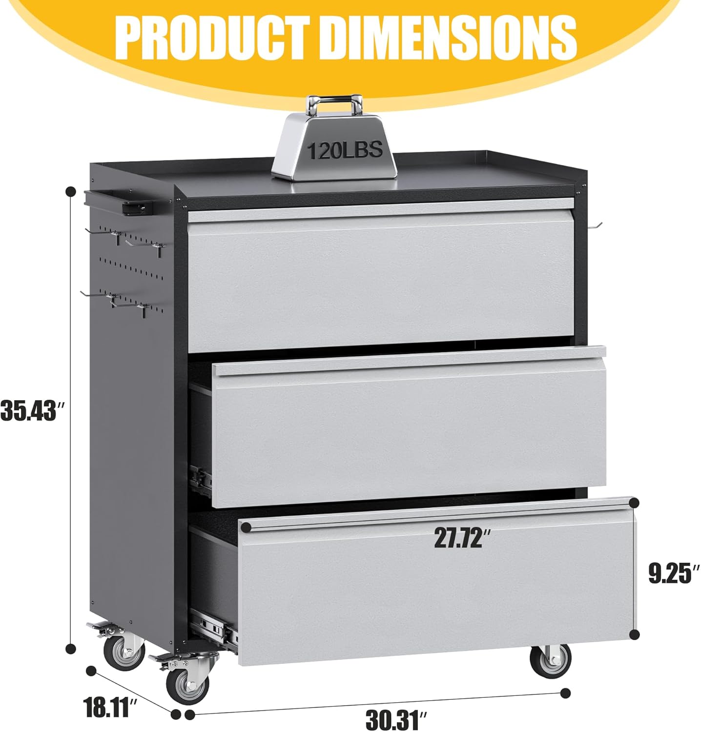 Rolling Tool Chest 3-Drawer Garage Cabinet Black-Grey