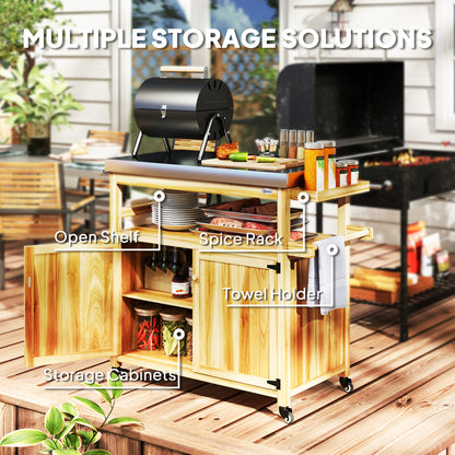 Outdoor Grill Cart Stainless Steel Top Wood Kitchen Island