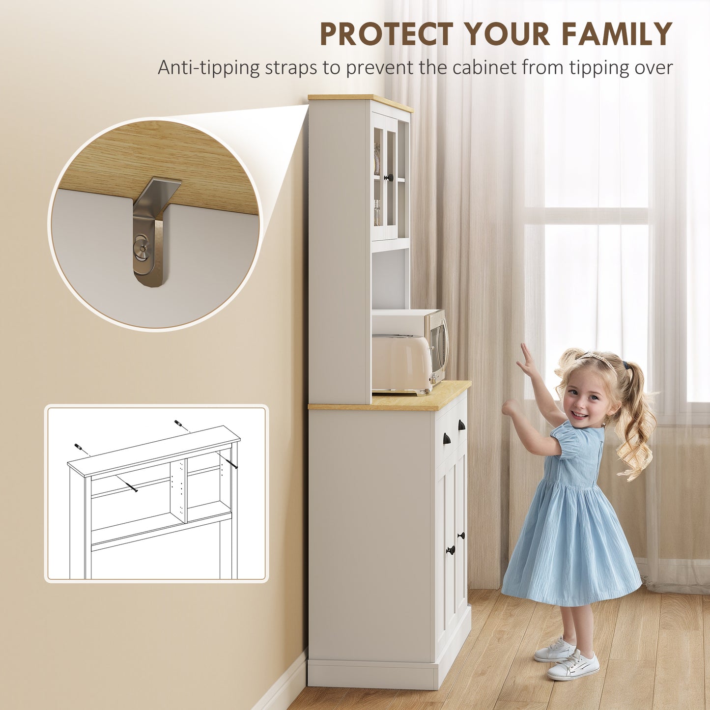 71" Tall White Kitchen Pantry Hutch w/ Countertop & Shelves