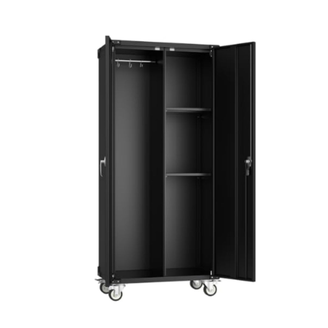 72" Mobile Metal Storage Cabinet with Locking Doors & Adjustable Shelves – Heavy-Duty Steel Garage & Office Cabinet with Casters (Black/White)