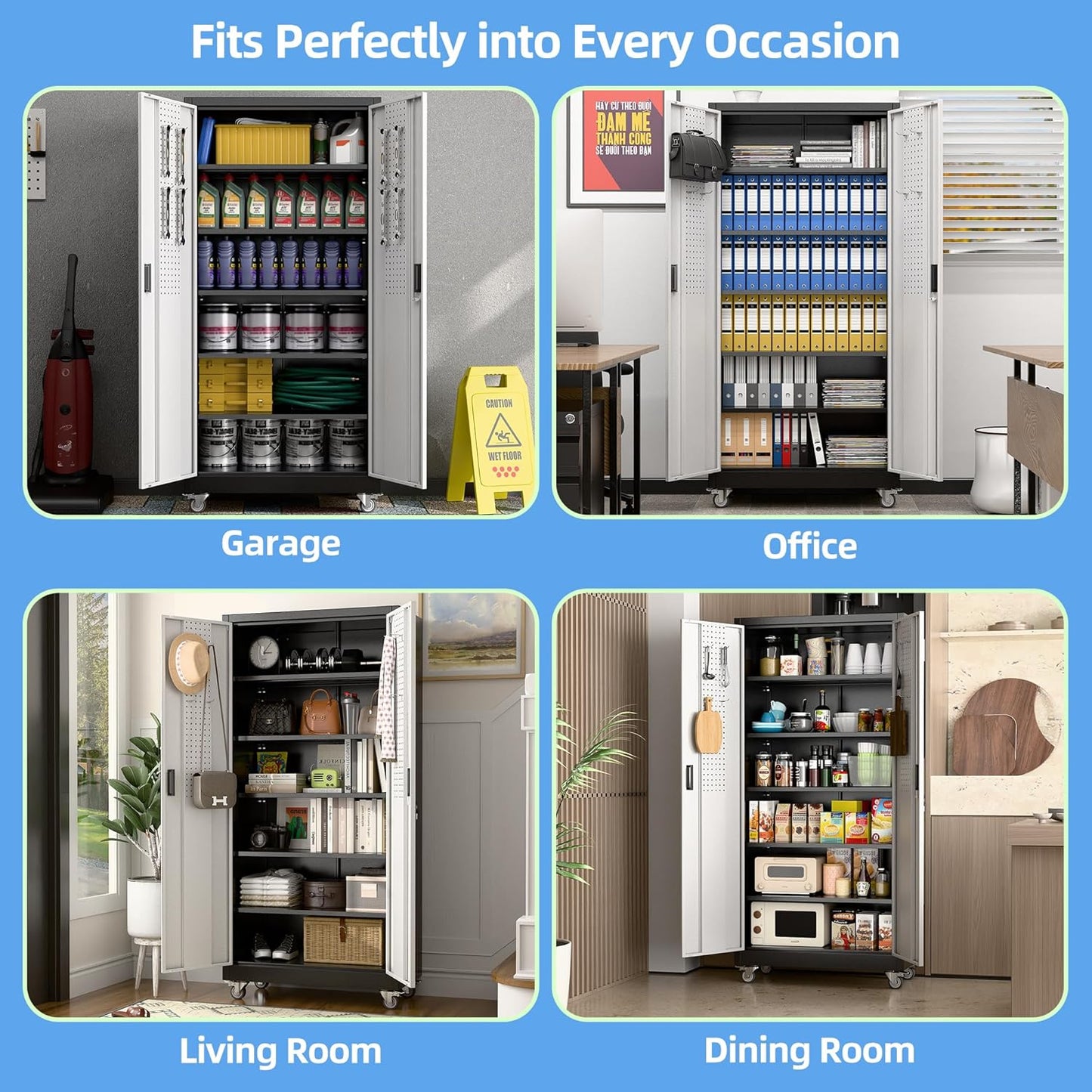 71" Garage Storage Cabinet w/ Wheels Pegboard 5 Shelves