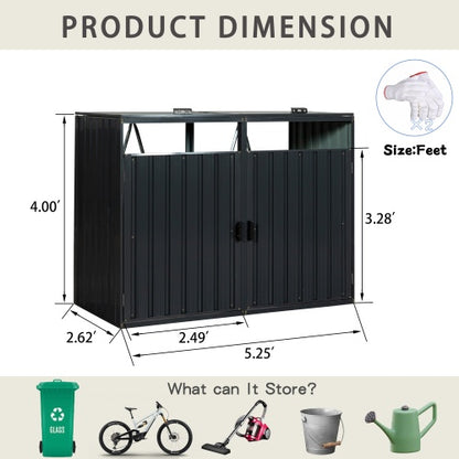 Metal Garbage Bin Shed for 2 Trash Cans - Charcoal Galvanized Steel Outdoor Trash Can Enclosure Storage Shed for Garden Yard Lawn