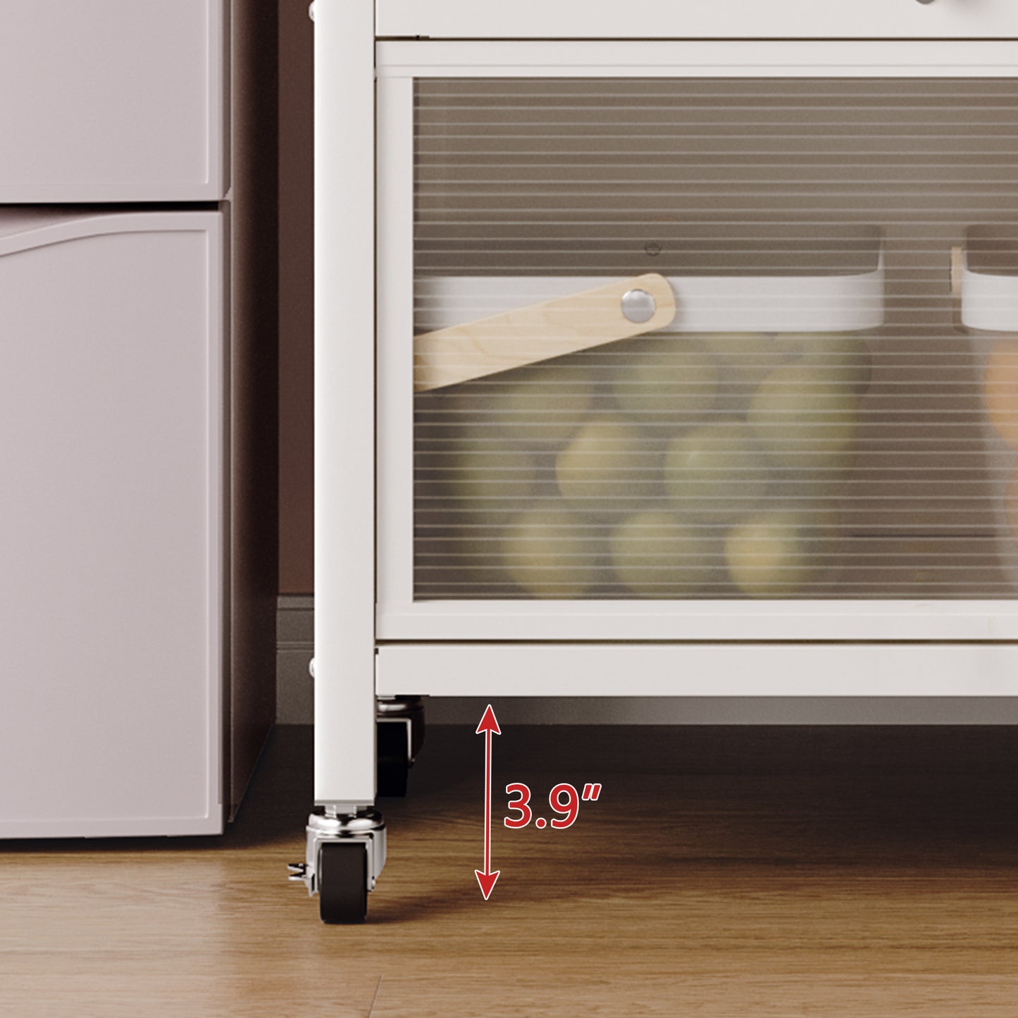 White Floor-to-Ceiling Kitchen Storage Cabinet with Glass Doors - Rolling Microwave Pantry Cabinet with Multilevel Shelves, 360° Wheels & Brakes