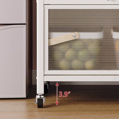 White Floor-to-Ceiling Kitchen Storage Cabinet with Glass Doors - Rolling Microwave Pantry Cabinet with Multilevel Shelves, 360° Wheels & Brakes