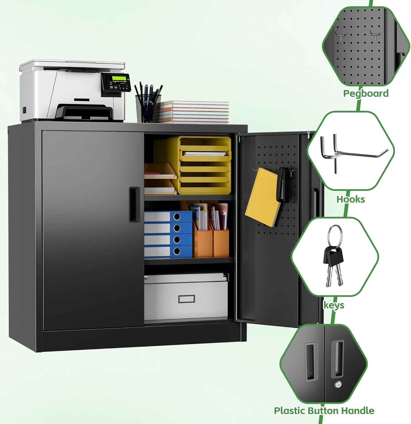 31" Lockable Metal Storage Cabinet w/ Pegboard Black