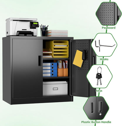 31" Lockable Metal Storage Cabinet w/ Pegboard Black