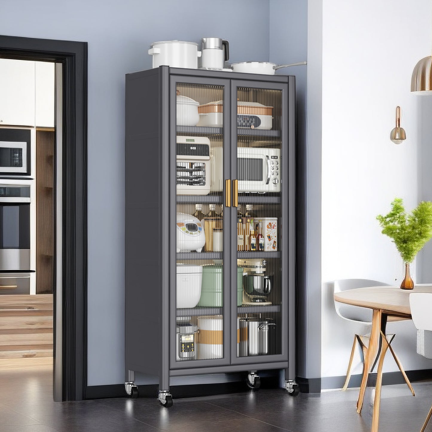 Gray Metal Kitchen Storage Cabinet Microwave Stand w/ Wheels