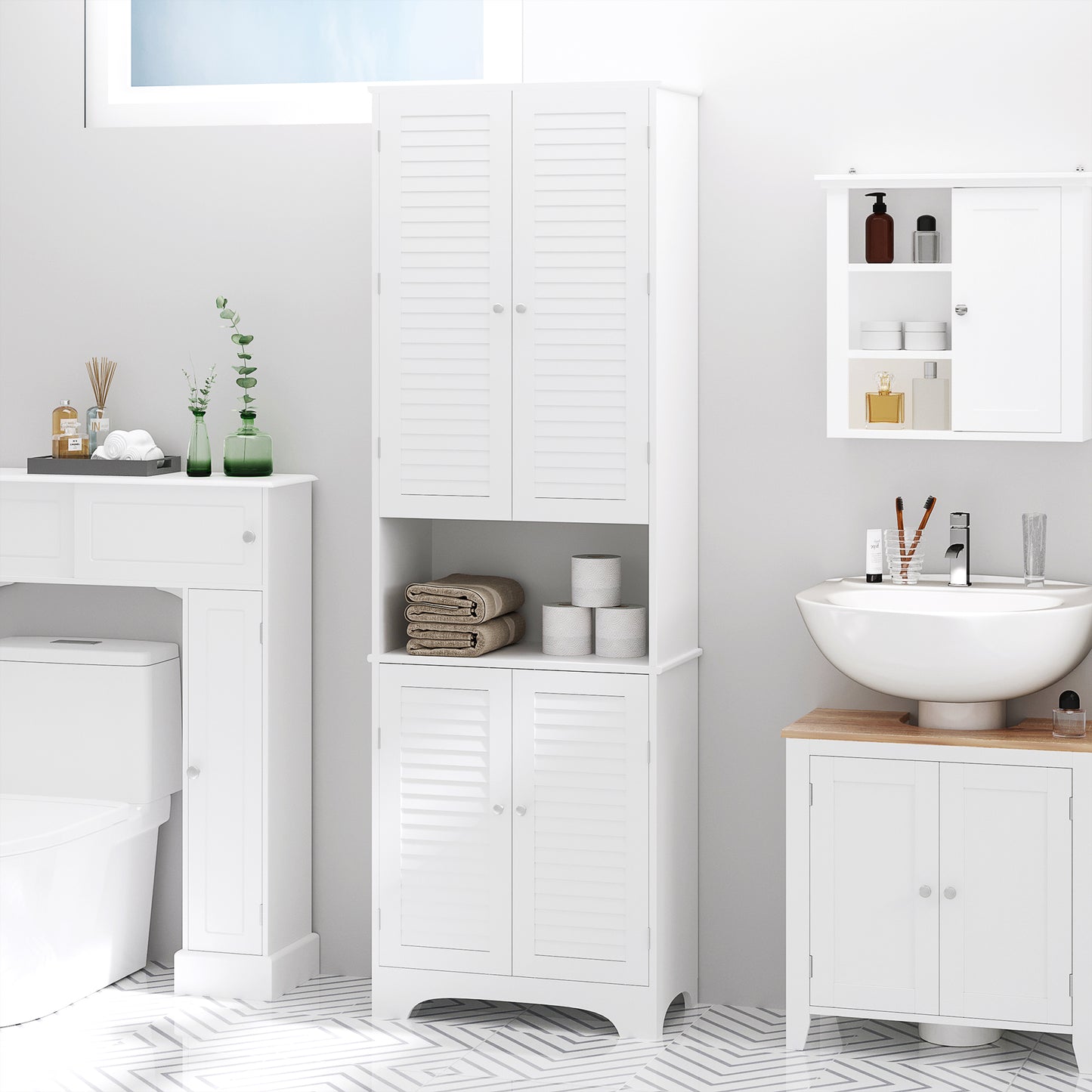 Tall Narrow Bathroom Linen Cabinet White w/ Adjustable Shelves