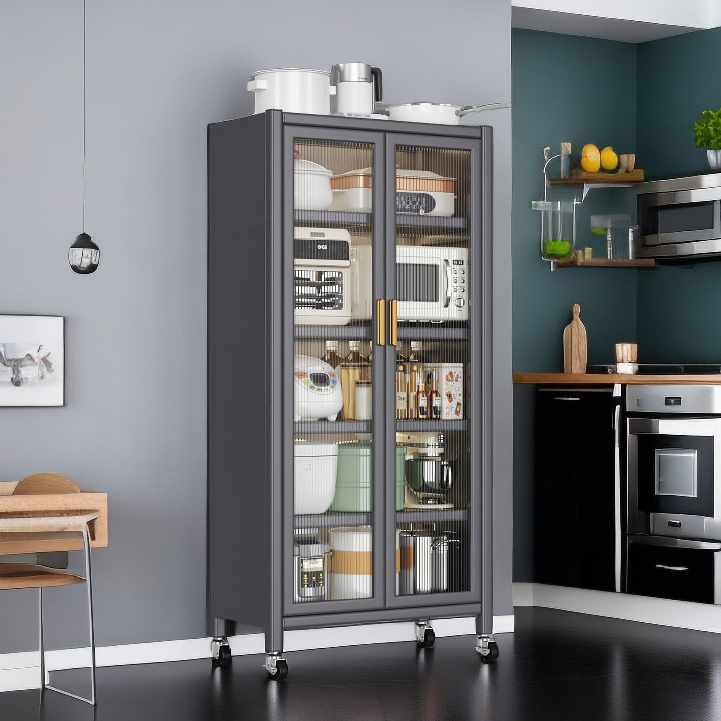 Gray Metal Kitchen Storage Cabinet Microwave Stand w/ Wheels