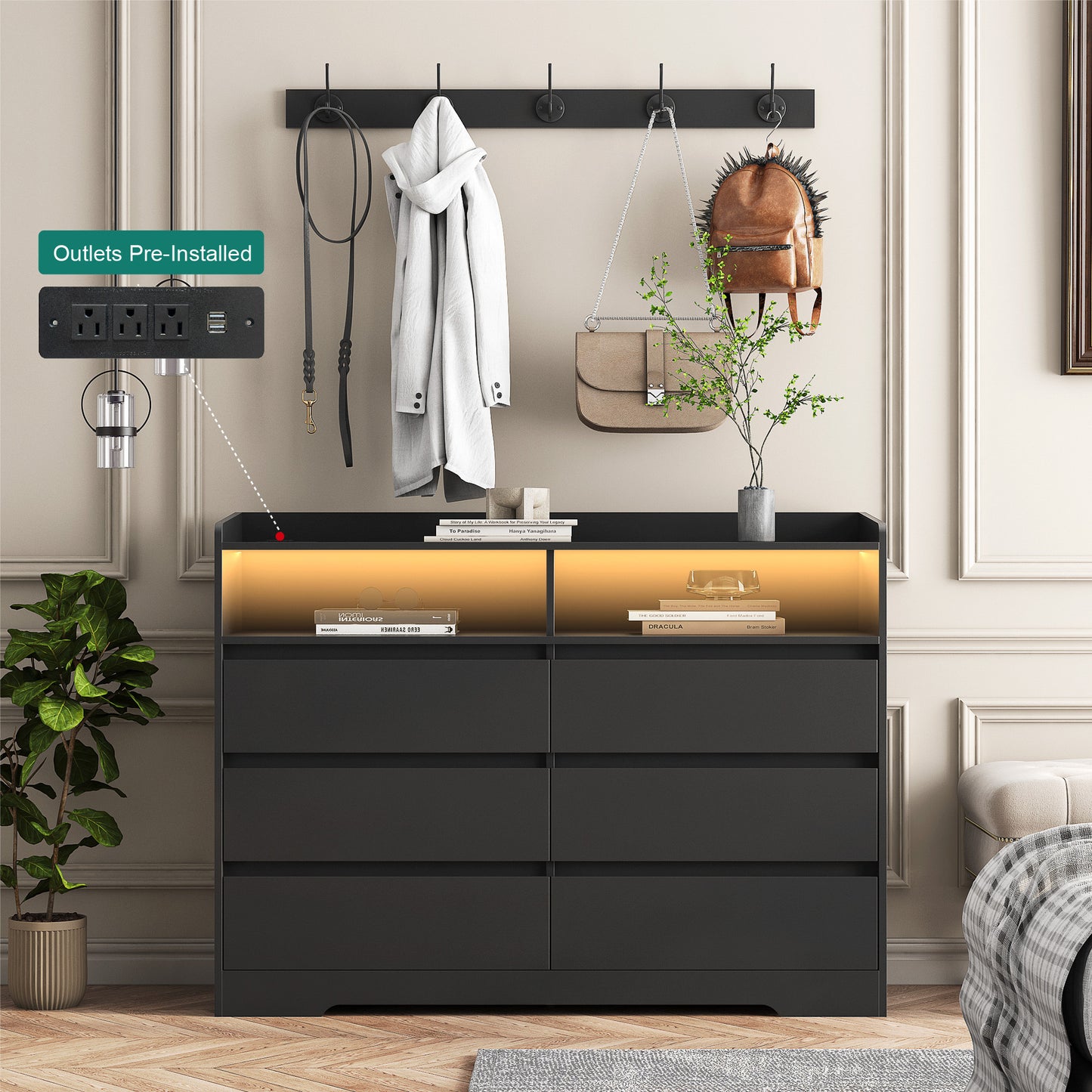 Modern Black Sideboard Cabinet with 6 Drawers & LED Storage Shelf