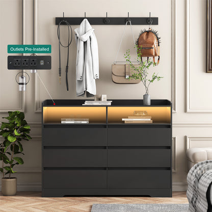 Modern Black Sideboard Cabinet with 6 Drawers & LED Storage Shelf