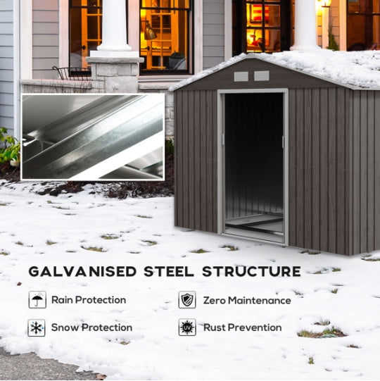 Galvanized Steel Garden Shed 9x6 - Gray Metal Outdoor Storage Shed with Double Doors Vents for Tools Lawn Equipment Patio