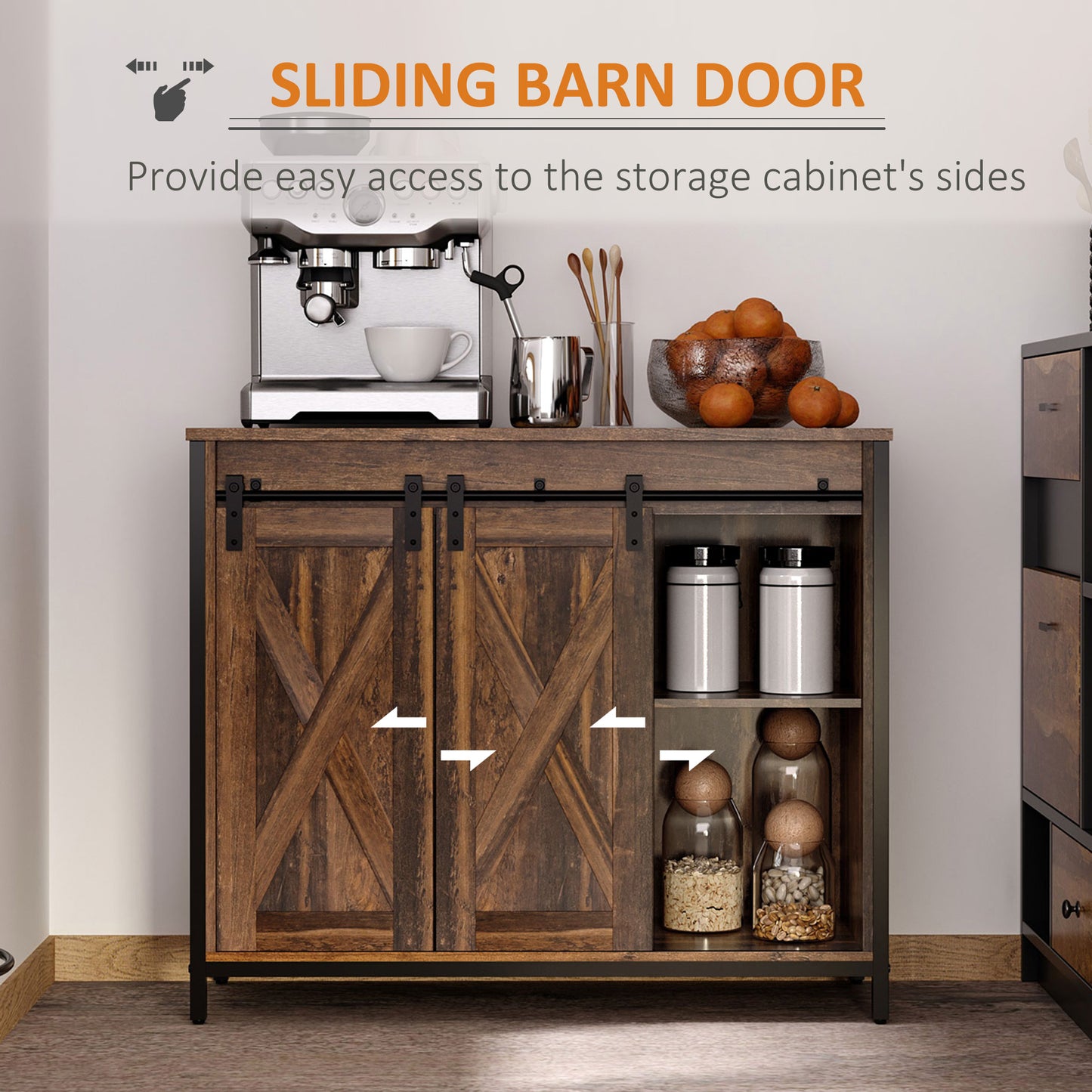 Rustic Brown Sliding Barn Door Buffet Cabinet Sideboard