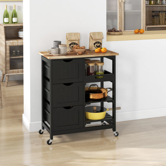 Rolling Kitchen Island with Wood Top, Shelves & Drawers for Dining Area, Black