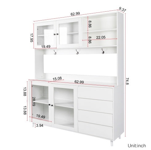 63" White Kitchen Hutch Cabinet Pantry w/ Microwave Shelf