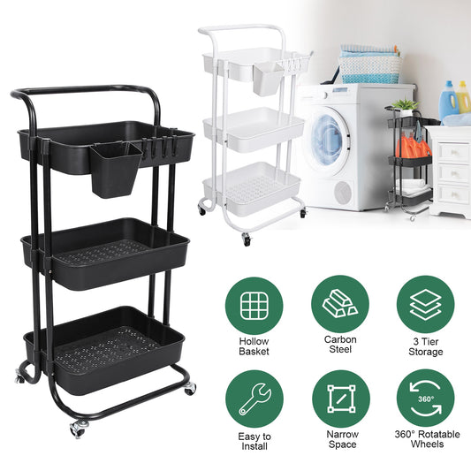 Black-White Color Options 1Pc 3 Tier Rolling Utility Cart Movable Storage Organizer With Mesh Baskets Lockable Wheels 360 Degree Rotatable Hanging Box Hooks Bedroom Bathroom Kitchen