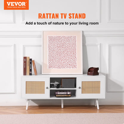 Rattan TV Stand for 55" TV Boho Mid-Century Modern Console